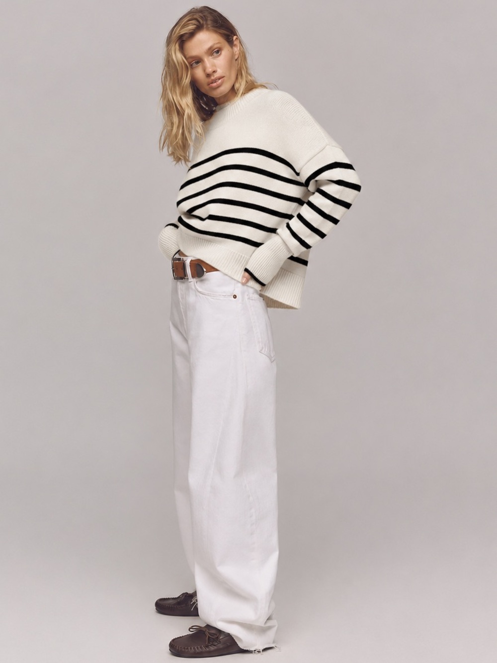 Philosophy Breton Striped Mock Crew Neck Sweater Ivory Black Soft Knit Cozycore - Picture 4 of 16